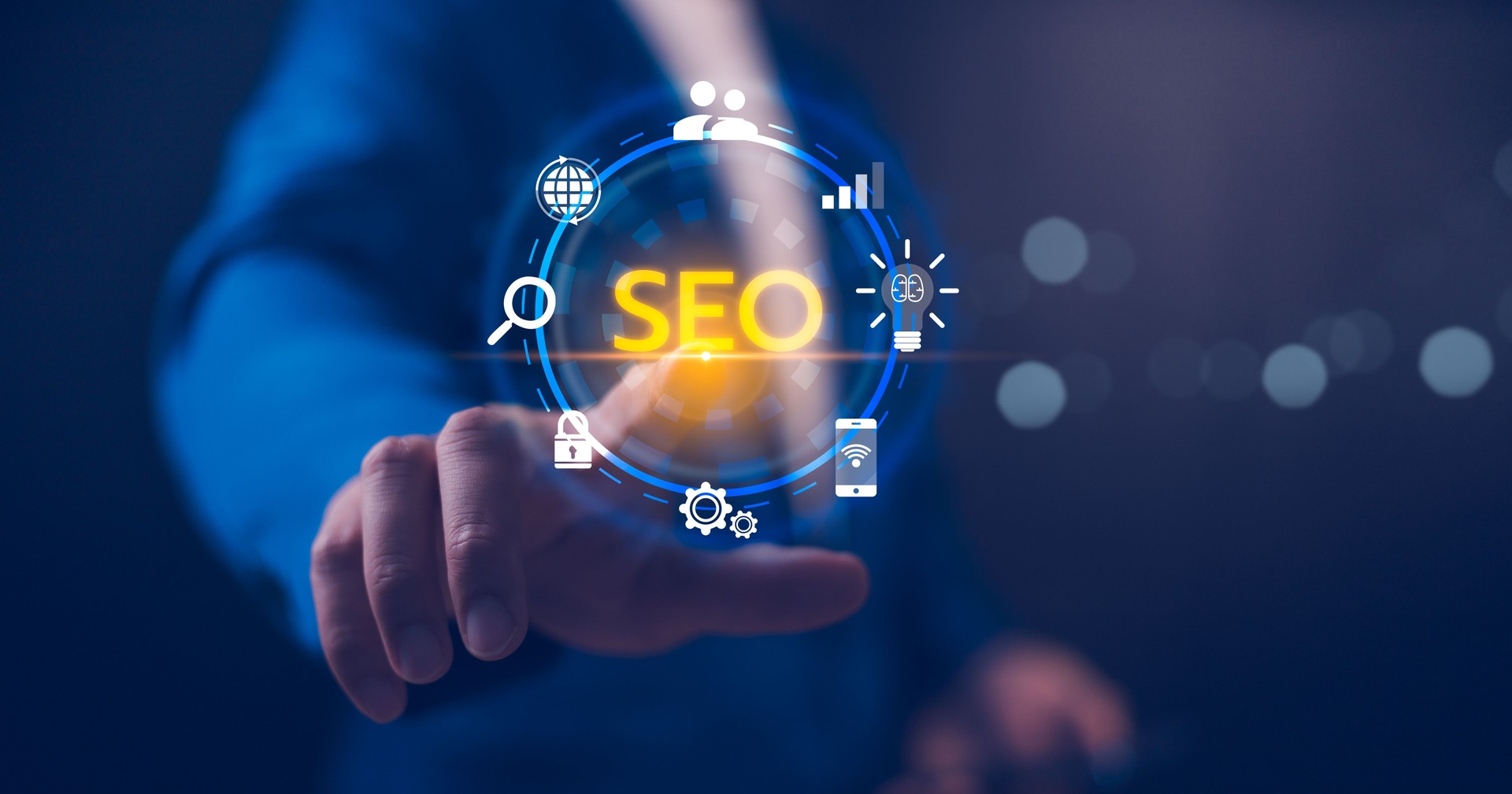 SEO Search engine optimization digital marketing business technology concept. Hand pointing SEO tools. Dominating search engine rankings through strategic optimization techniques, digital marketing.